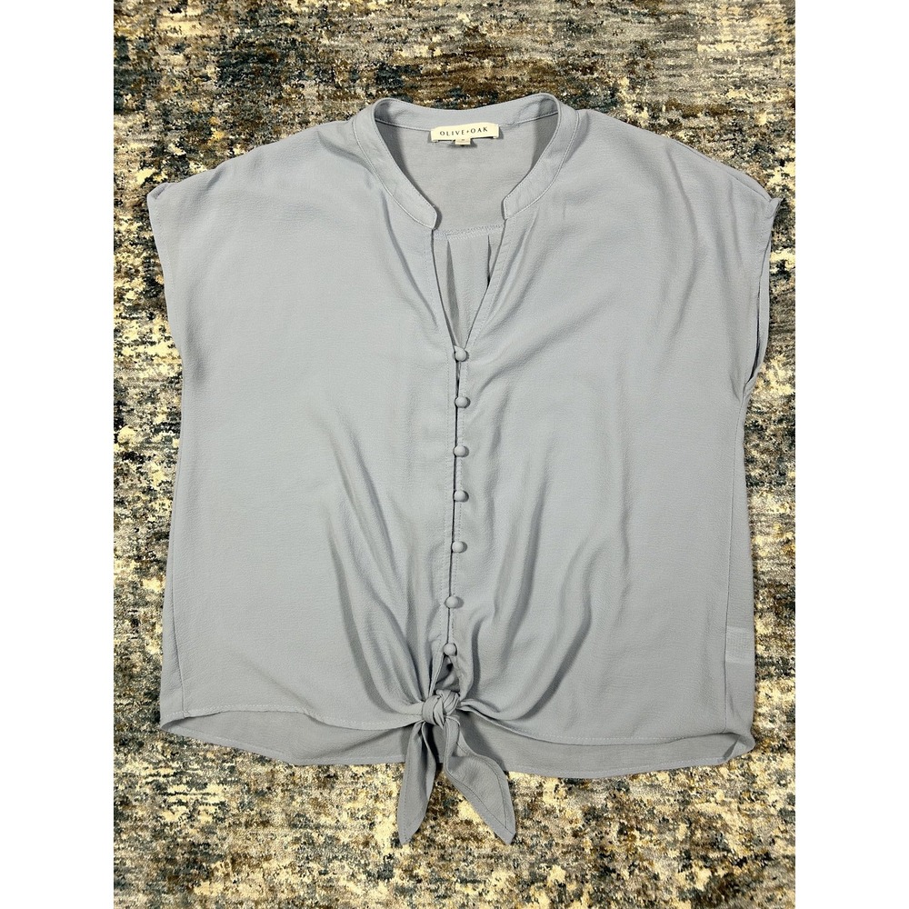 Olive + Oak Dusty Blue Tie-Front Cap Sleeve Blouse M T1W10462